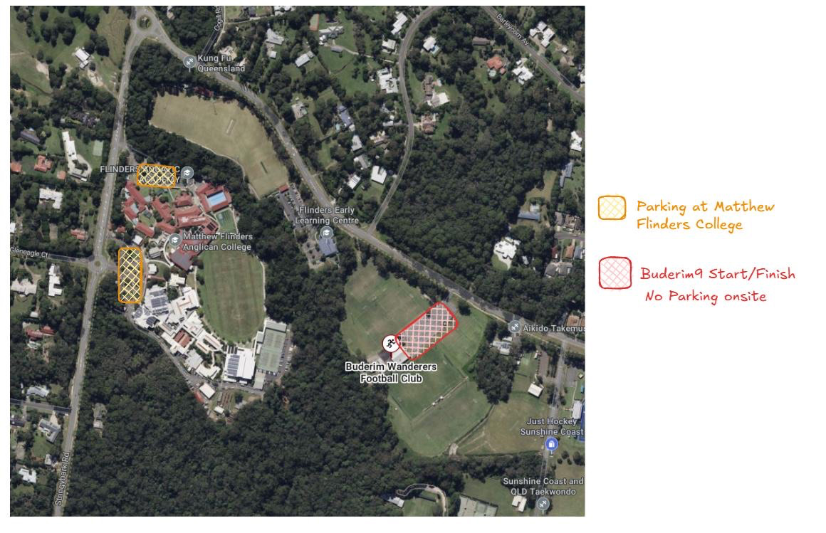 Parking map for Wanderers Football Club on Ballinger Road Buderim showing designated parking areas and access routes for the Buderim 9 event